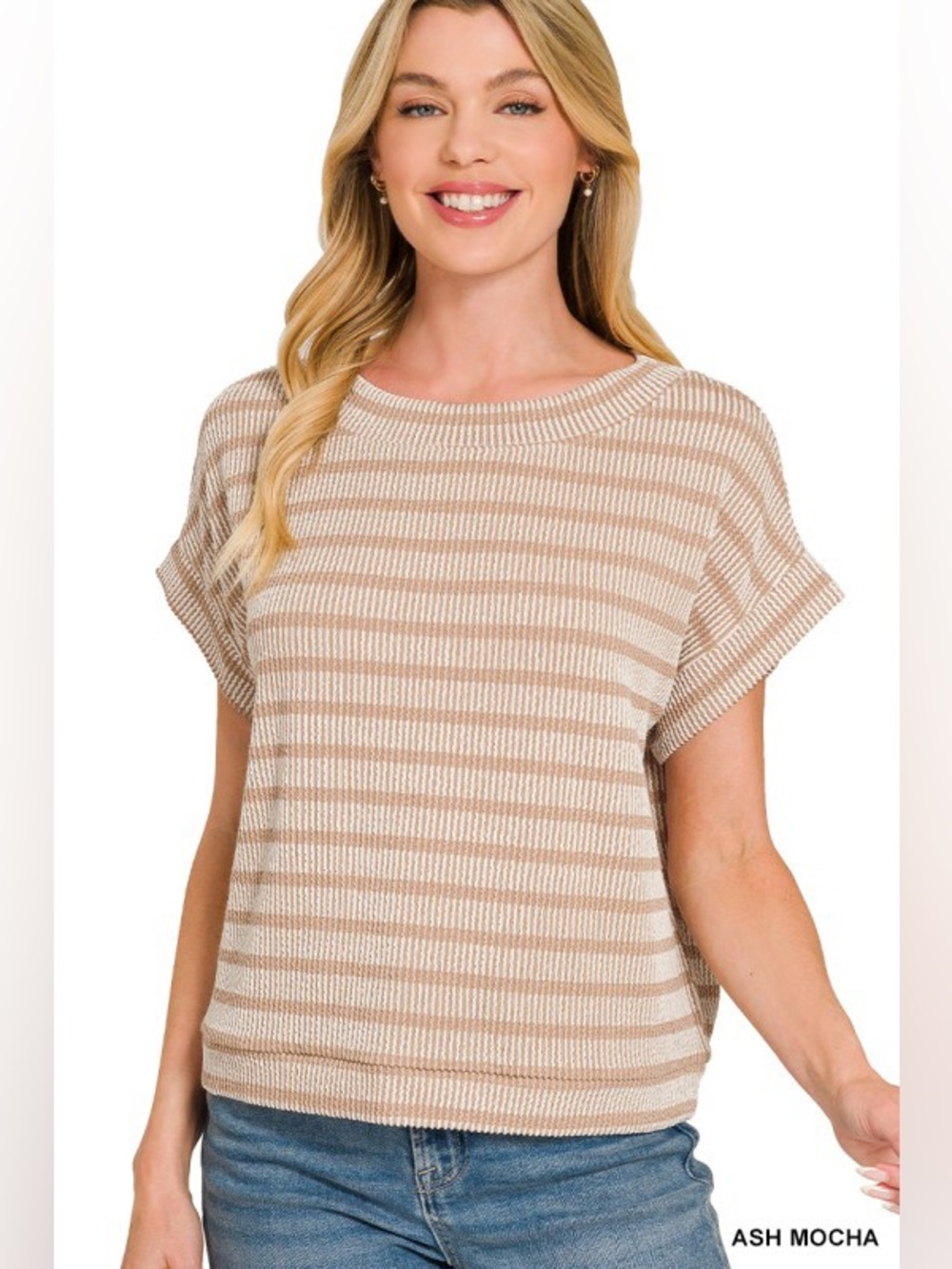 Casual Raised Rib Striped Knit Top - Ash Mocha